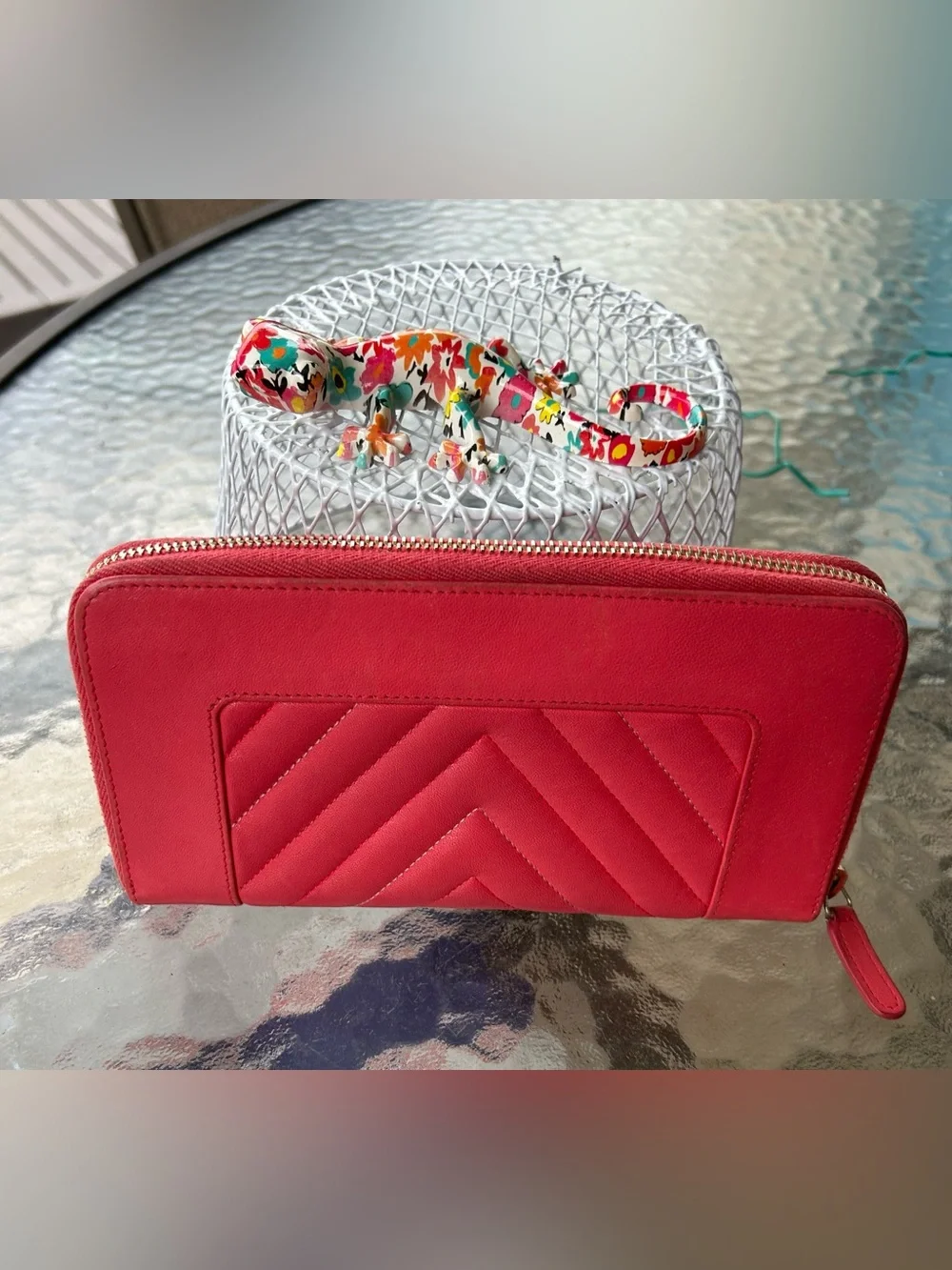 CHANEL Pink/Coral Quilted Chevron Zip Wallet